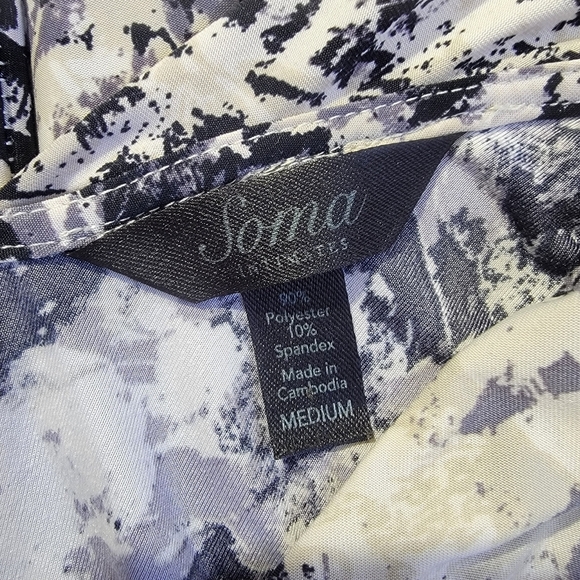 Soma Intimates Jersey Knit Faux Wrap V Neck Soft Dress Black Cream Abstract Sz M - Picture 7 of 10